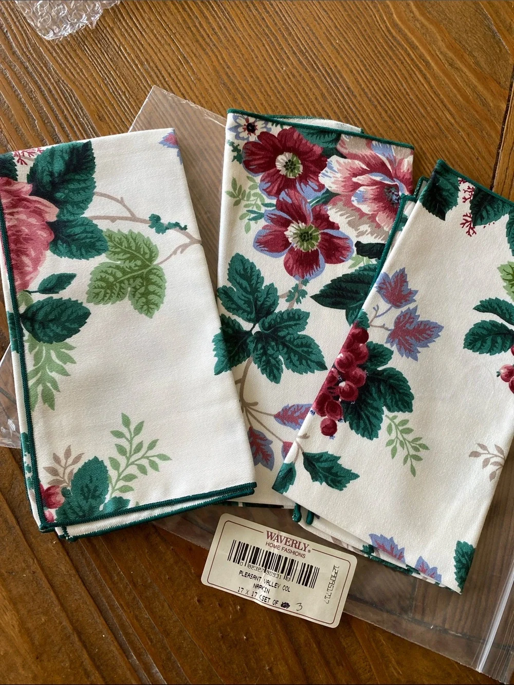 Waverly Cream Floral Cotton Napkins with Green Leaves and Berry Flowers